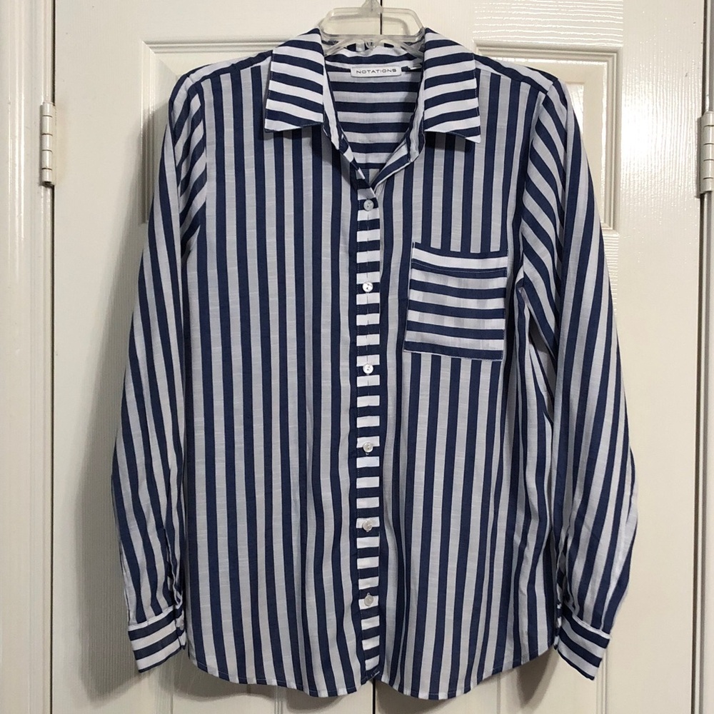 Notations Blue & White Striped Long Sleeve Button Up Shirt Size LP Large Petite